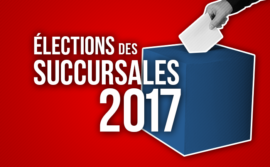 Bannière pour les élections des succursales 2017, avec l'image d'une main déposant un bulletin de vote dans une boîte