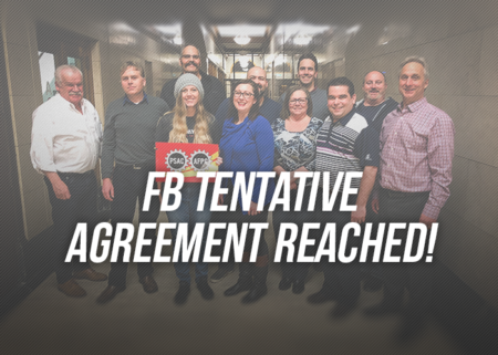 Picture of the FB Bargaining Team with the words "tentative agreement reached!"