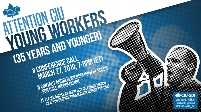 Banner announcing the next CIU Young Workers conference call, on March 27, 2019
