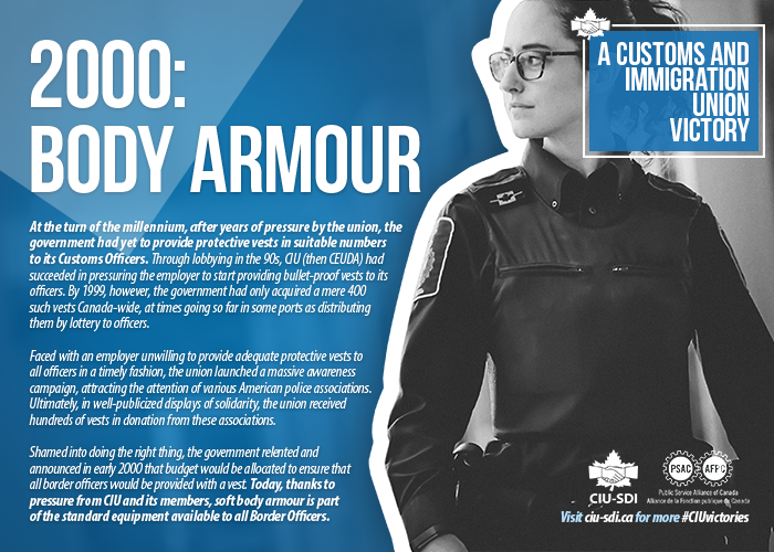 Photo of BSO with text explaining how the union obtained body armour for its members (same text as on page)