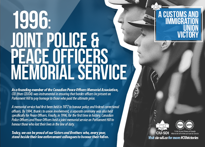 Two border services officers, with text on the creation of the join police and peace officers memorial service
