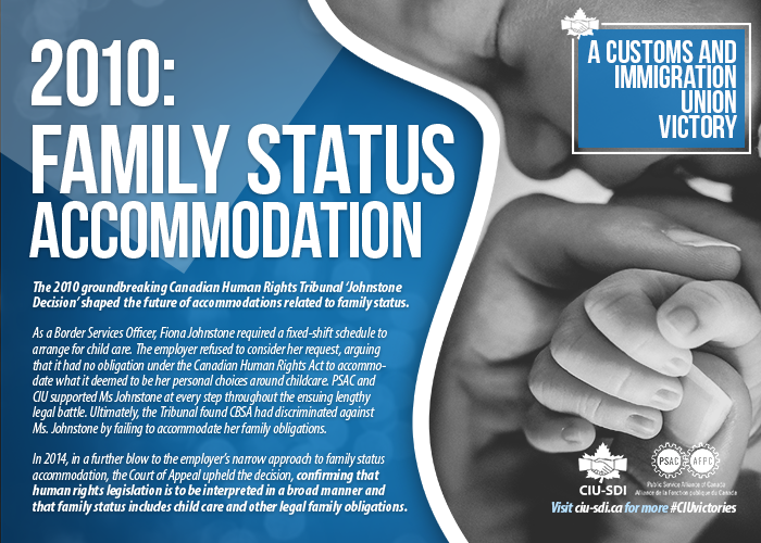 Photo of an infant holding a parent's hand, with text explaining how the union won a victory known as the Johnstone Decision, regarding family status accommodation