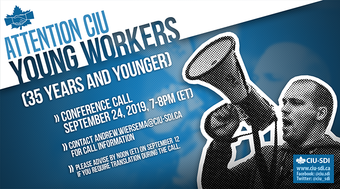 Banner announcing the next CIU Young Workers conference call, on September 24, 2019