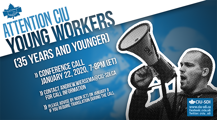 Banner announcing the next CIU Young Workers conference call, on January 22, 2020