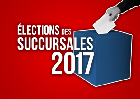 Bannière pour les élections des succursales 2017, avec l'image d'une main déposant un bulletin de vote dans une boîte
