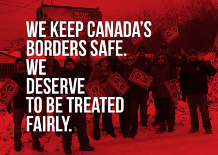 Picture of demo in NB stating "We keep Canada's borders safe. We deserve to be treated fairly"