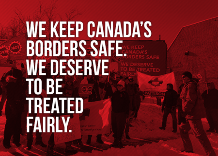 Picture of demo in Niagara Falls stating "We keep Canada's borders safe. We deserve to be treated fairly"