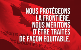 Image du drapeau du SDI avec les mots "Nous protégeons la frontière canadienne. Nous méritons d'être traités de façon équitable"