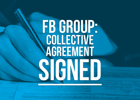 Stock photo of signature with the words "FB Group: Collective Agreement Signed"