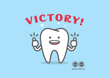 A cartoon tooth with the word "victory" above