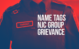 Photo of BSO with words "Name tags NJC group grievance" along with a name tag with the word "target" on it