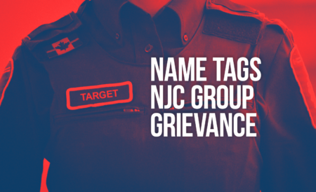 Photo of BSO with words "Name tags NJC group grievance" along with a name tag with the word "target" on it